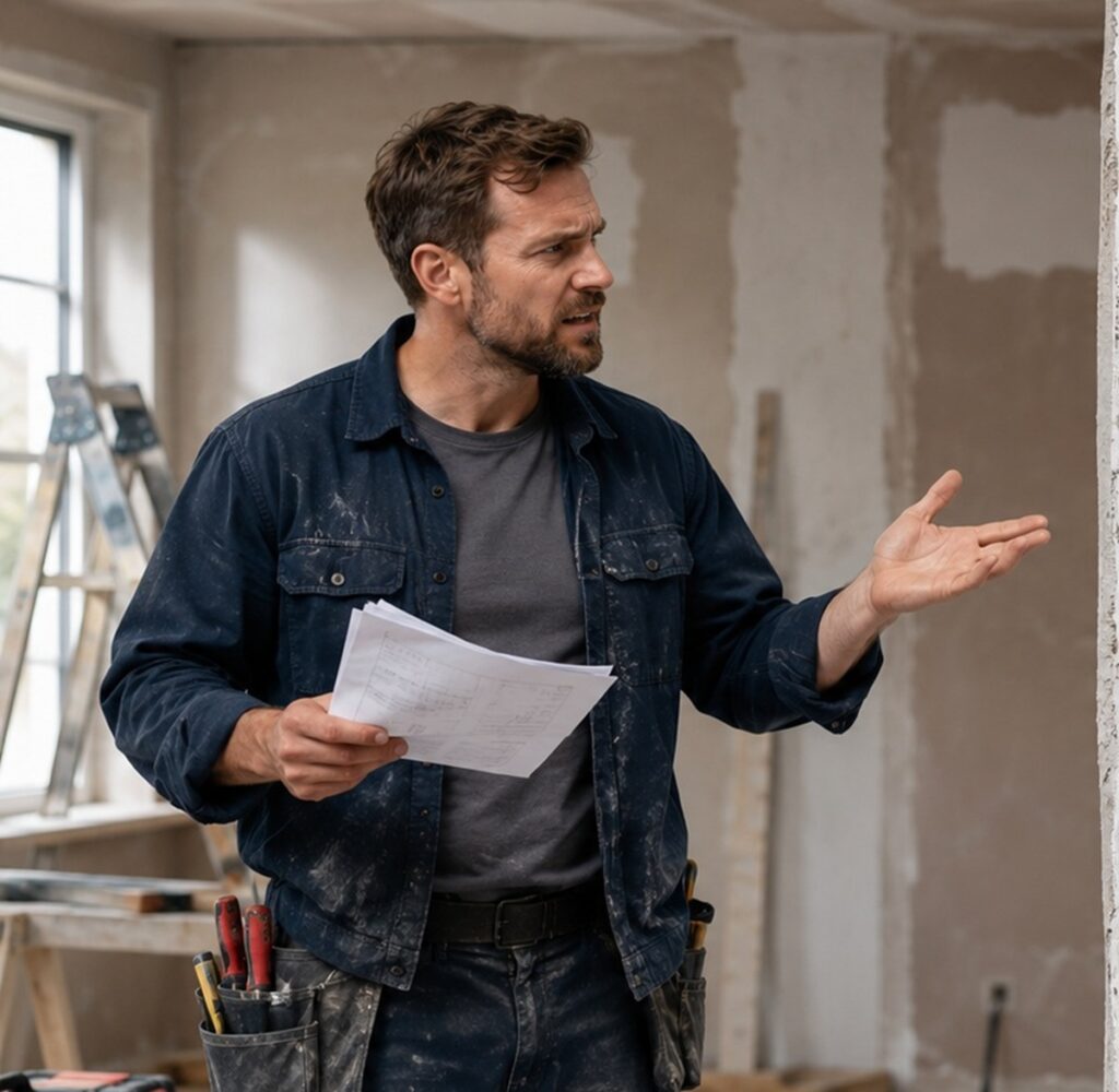 Tradesman reviewing a property repair claim Tradesman reviewing documents for a property repair dispute
